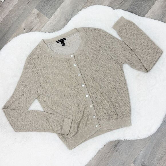 MNG Mango Pointelle Metallic Shimmer Button Up Cardigan Sweater Tan Gold Large - Picture 12 of 12